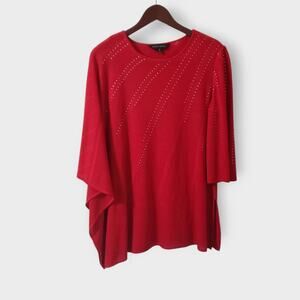 Ming Wang Red Studded Pointelle Knit Poncho One Sleeve Top Medium Elegant Modern